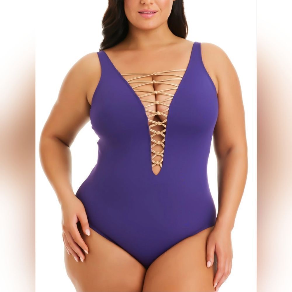 BLEU ROD BEATTIE Lace Down Plunge Plus One Piece NWT size 22W purple